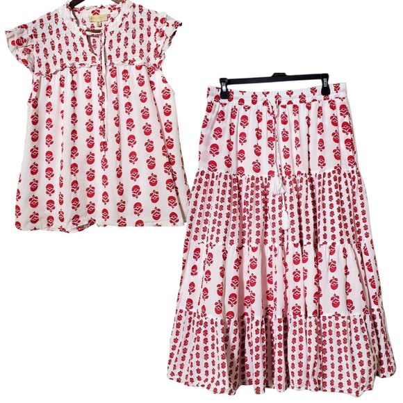 Philosophy Printed Midi Skirt Set Matching Top Size M Red White Boho Womens - Picture 1 of 15